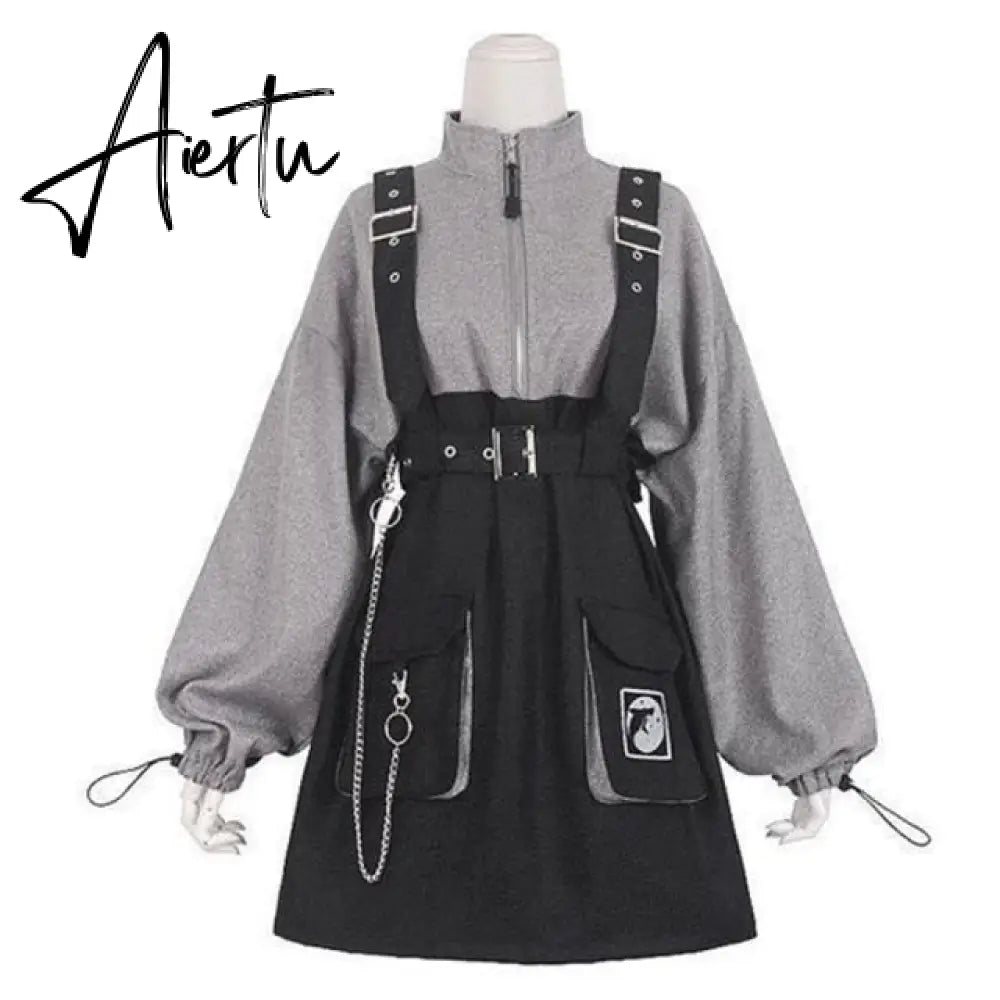 Aiertu Retro Vintage Women Gothic Girls Punk Mini Dress High Waist Long Sleeve Hat Collar Sexy Gry Black Lolita Plus Size Jurken Aiertu