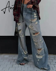 Aiertu Safari Style Hollow Out Ripped Jeans Casual Loose Mid-Waisted Wide Leg Pants Women  Autumn Winter Fashion Streetwear Aiertu
