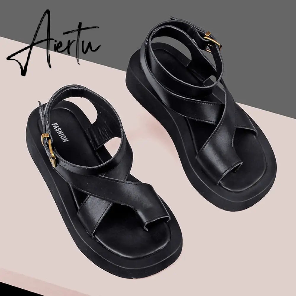 Aiertu Sandals Women Genuine Leather Summer New Clip Toe Sandals Ladies Roman Women Shoes Muffin Sandals Aiertu