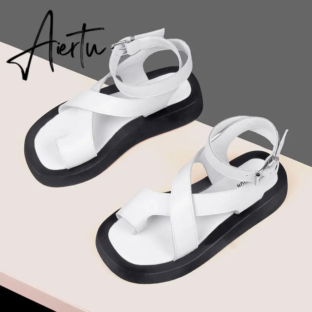 Aiertu Sandals Women Genuine Leather Summer New Clip Toe Sandals Ladies Roman Women Shoes Muffin Sandals Aiertu