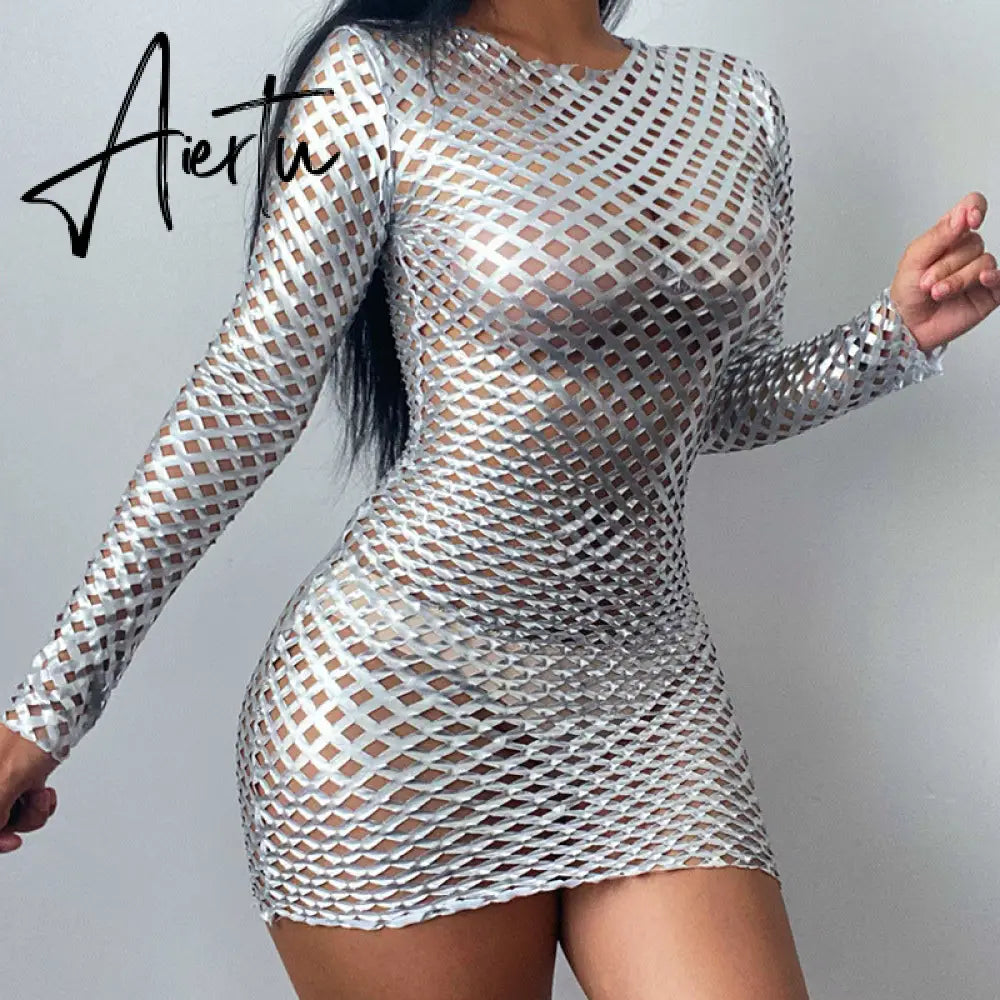 Aiertu  Sexy Hollow Out See Through Two Piece Set Sliver O-neck Long Sleeve Crop Top Leggings Streetwear Mesh Patchwork Women Outfits Aiertu