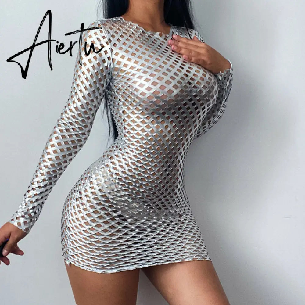 Aiertu  Sexy Hollow Out See Through Two Piece Set Sliver O-neck Long Sleeve Crop Top Leggings Streetwear Mesh Patchwork Women Outfits Aiertu