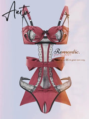 Aiertu  Sexy Pajama Lingerie Set Bow Tie Strap Underwire Bodysuit Thong Women One Size Bralette Aiertu
