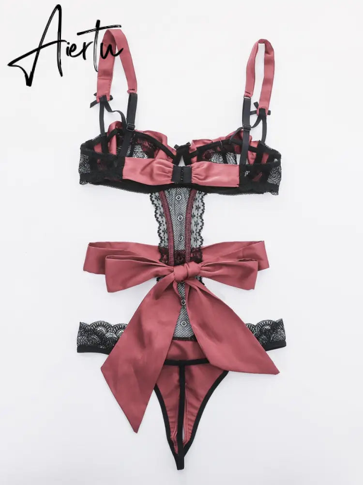 Aiertu  Sexy Pajama Lingerie Set Bow Tie Strap Underwire Bodysuit Thong Women One Size Bralette Aiertu