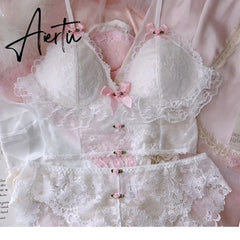 Aiertu Sexy pure desire underwear sets outerwear thin white lace lingerie and panties suit cute no steel ring girl bra set Aiertu