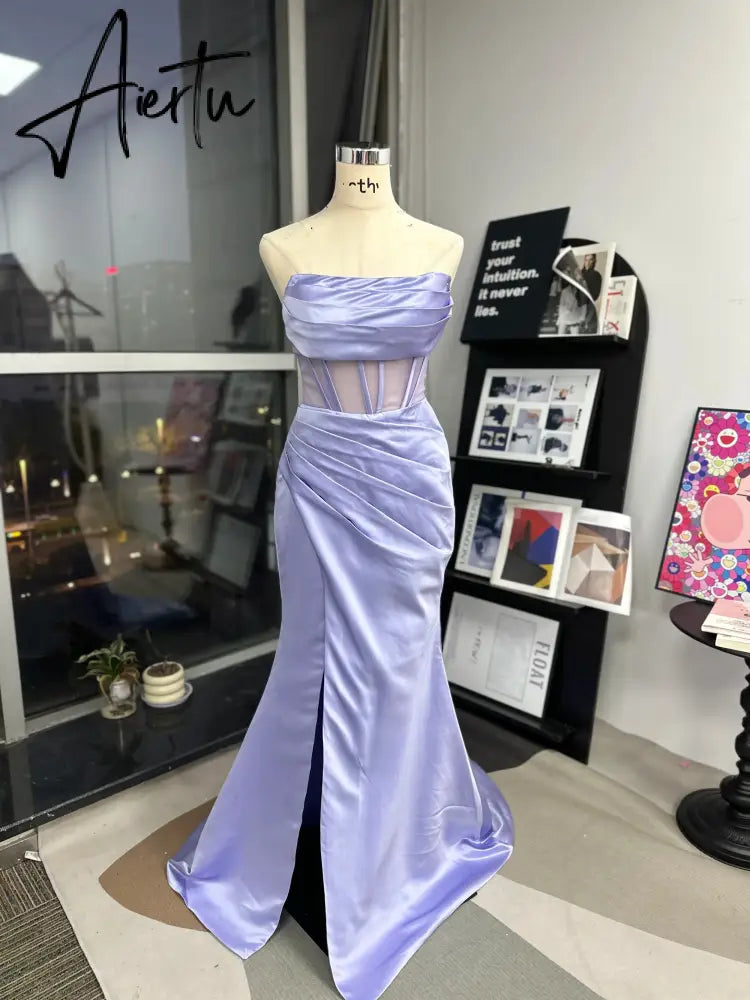 Aiertu  Sexy Side High Split Strapless  Purple Silk Mermaid Prom Dress 2023 Fishbone Trumpet Aiertu