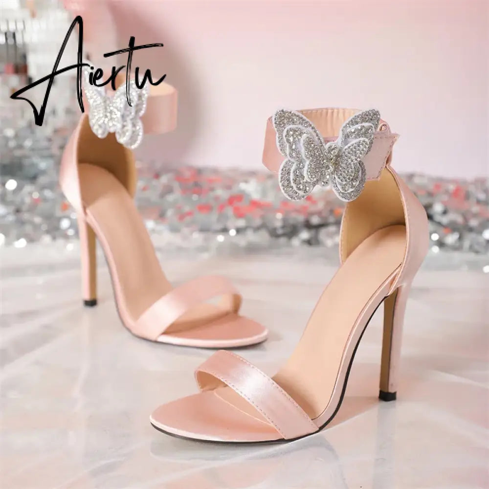 Aiertu  Sexy Silk Rhinestone bowknot Thin heels Pointed Sandals Ankle Strap Heels Denim Fashion 2024 Summer Sandals For Women Aiertu