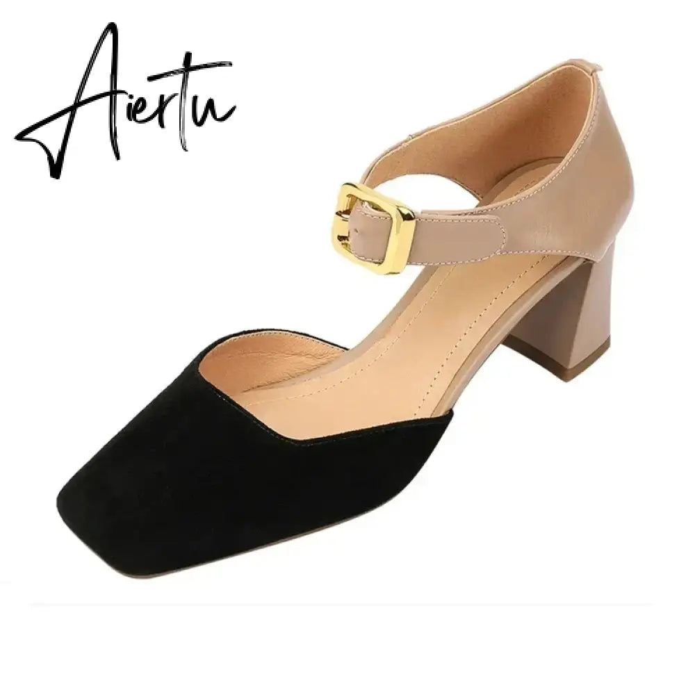 Aiertu Sheep Suede Leather Shoes Women Summer/Spring Women Sandals Square Toe High Heels Cover Heel Shoes for Women Retro Mary Janes Aiertu