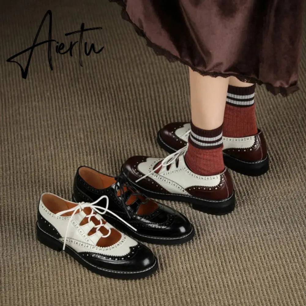 Aiertu Shoes Women Split leather Shoes for Women Spring/Autumn Women Loafers Summer Brogues Vintage Lace-up Shoes Women Pumps Aiertu