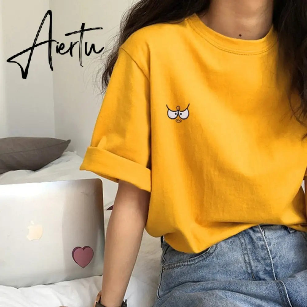 Aiertu Short Sleeve T-shirts Women Summer Embroidery Loose Korean Style Simple All-match Trendy Causal Chic Girls Ins BF Tees Daily New Aiertu