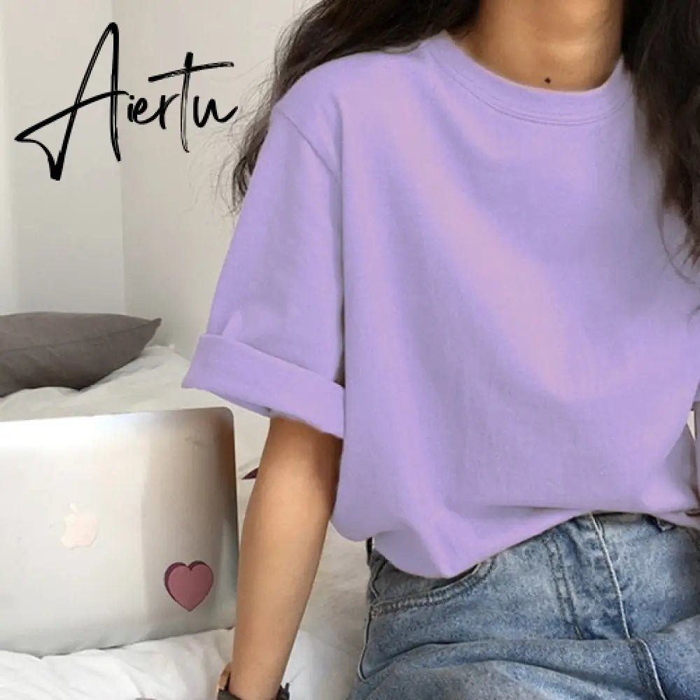 Aiertu Short Sleeve T-shirts Women Summer Embroidery Loose Korean Style Simple All-match Trendy Causal Chic Girls Ins BF Tees Daily New Aiertu