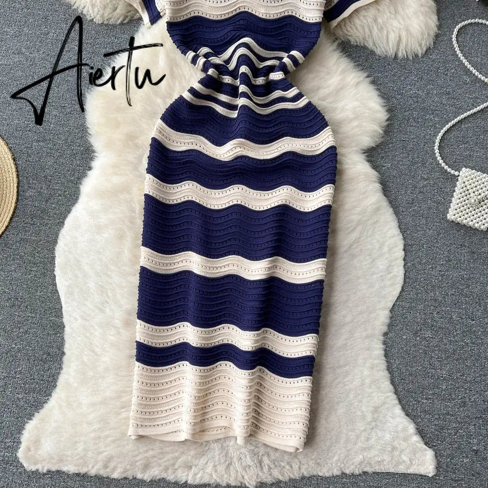 Aiertu   Short Sleeves Striped Long Dress Lapel Neck Hollow Out Slim  Sundress Fashion Hot sweet Knitted Beach Midi Dress Aiertu