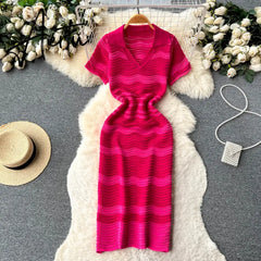 Aiertu   Short Sleeves Striped Long Dress Lapel Neck Hollow Out Slim  Sundress Fashion Hot sweet Knitted Beach Midi Dress Aiertu