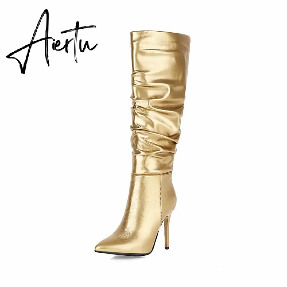 Aiertu  Silver gold knee high boots women pleated pointed toe thin high heels dres party shoes autumn winter long boots woman Aiertu