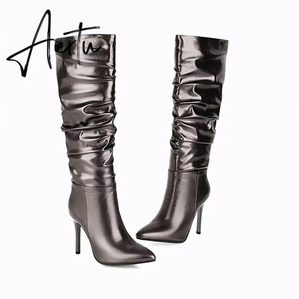 Aiertu  Silver gold knee high boots women pleated pointed toe thin high heels dres party shoes autumn winter long boots woman Aiertu