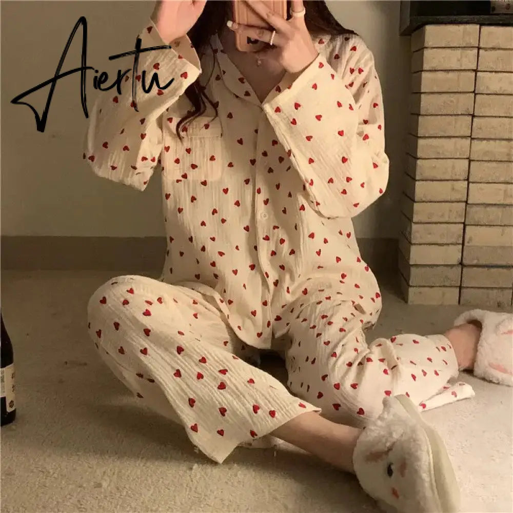 Aiertu Sleepwear Women's Cotton Red Heart Print Pijama Long Sleeve Autumn Pajamas Female Set Korean Pyjamas Negligee Cardigan Aiertu