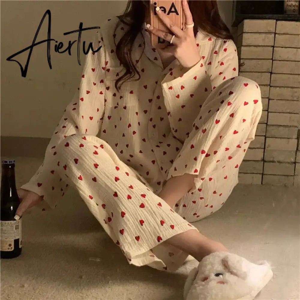Aiertu Sleepwear Women's Cotton Red Heart Print Pijama Long Sleeve Autumn Pajamas Female Set Korean Pyjamas Negligee Cardigan Aiertu