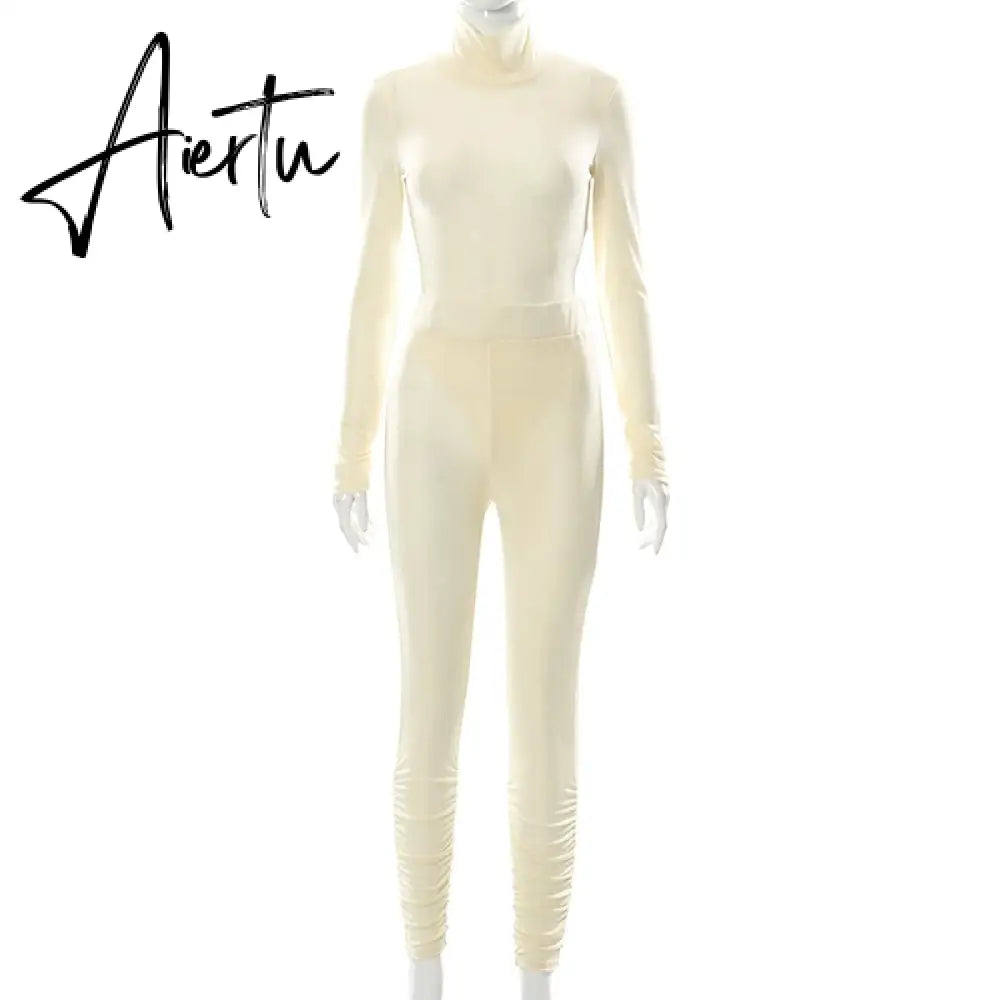 Aiertu  Solid 2 Pcs Set Turtleneck Long Sleeve Bodysuit Slim Leggings New Slim Sports Tracksuit Casual Streetwear Y2K Aiertu