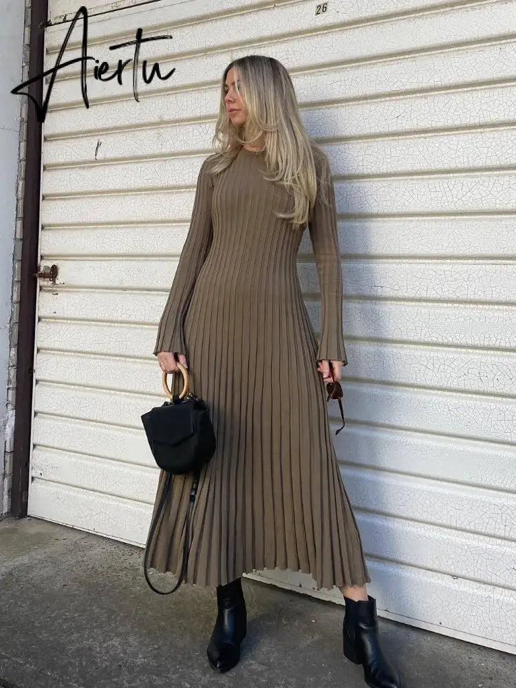 Aiertu Solid Elegant Pleated Knitted Long Dress For Women Autumn Long Sleeve Slim V Neck Midi Dress Female Chic Ribbed Maxi Robe Aiertu