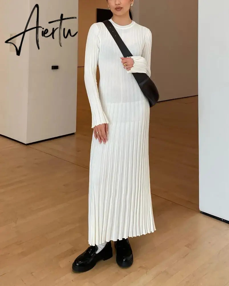 Aiertu Solid Elegant Pleated Knitted Long Dress For Women Autumn Long Sleeve Slim V Neck Midi Dress Female Chic Ribbed Maxi Robe Aiertu