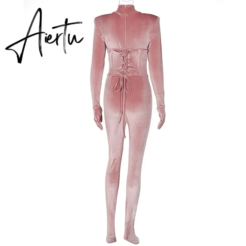 Aiertu  Solid Velvet With Corset Gloves Sexy Bodycon Jumpsuit Summer Fall Slim Party Club Elegant Streetwear Outfit Y2K Aiertu