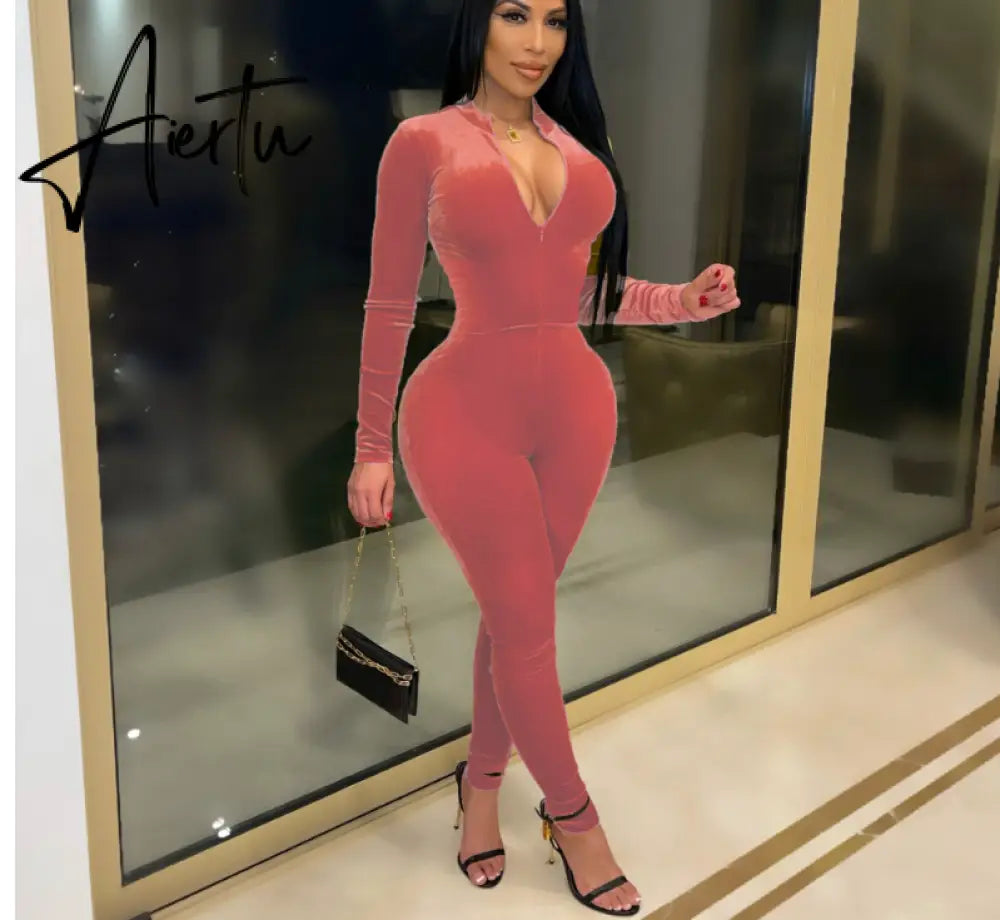 Aiertu  Solid Velvet With Corset Gloves Sexy Bodycon Jumpsuit Summer Fall Slim Party Club Elegant Streetwear Outfit Y2K Aiertu