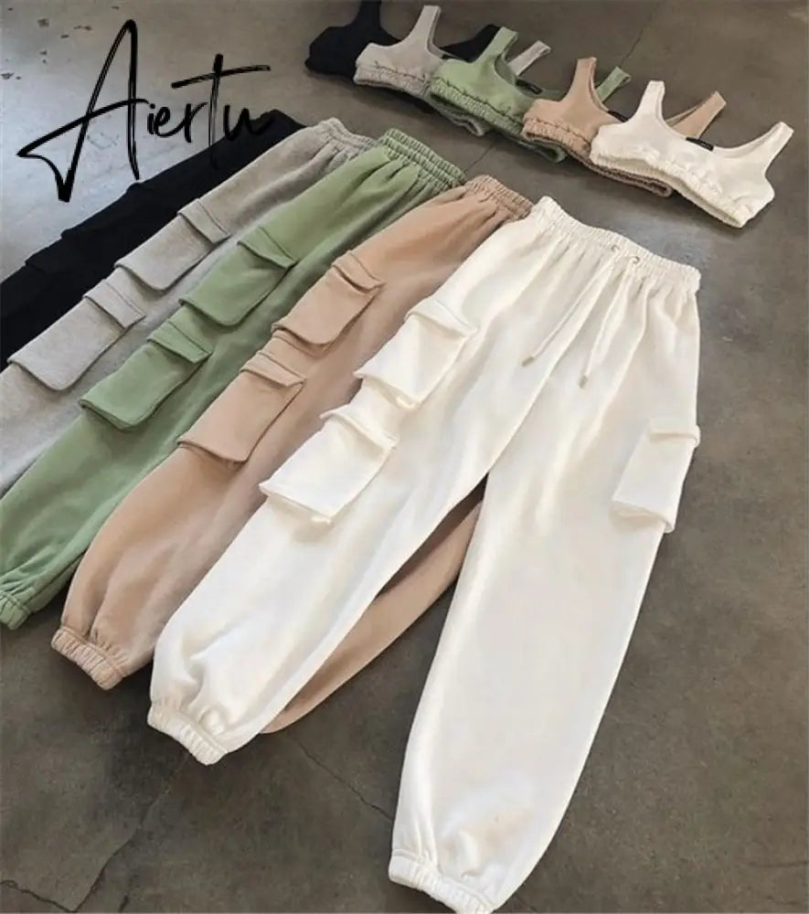 Aiertu Spring Autumn Vintage Patchwork Joggers Sweatpants Harajuku Woman Trousers Elastics High Waist Solid Pants 5 Colors Aiertu