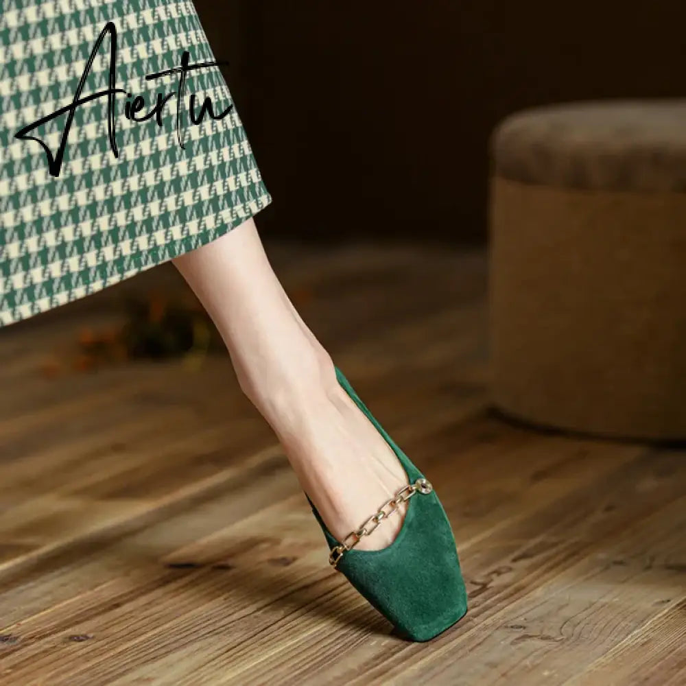 Aiertu Spring/Autumn Women Pumps Sheep Suede Leather Shoes for Women Square Toe Chunky Heel Women Shoes Chain Office Ladies High Heels Aiertu