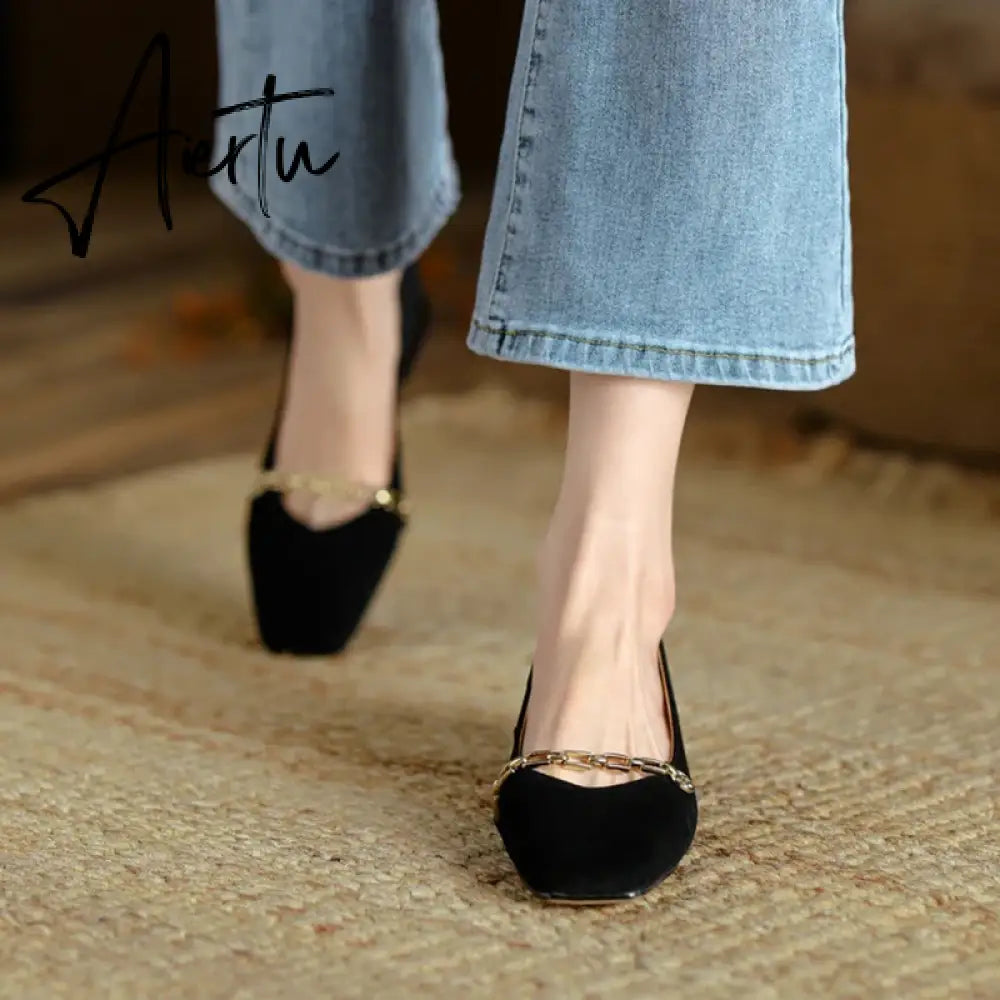 Aiertu Spring/Autumn Women Pumps Sheep Suede Leather Shoes for Women Square Toe Chunky Heel Women Shoes Chain Office Ladies High Heels Aiertu