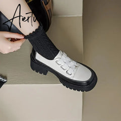 Aiertu Spring/Autumn Women Shoes Split Leather Shoes Round Toe Lace Up Platform Shoes Color Mixed Thick Heel Loafers for Women Sneakers Aiertu