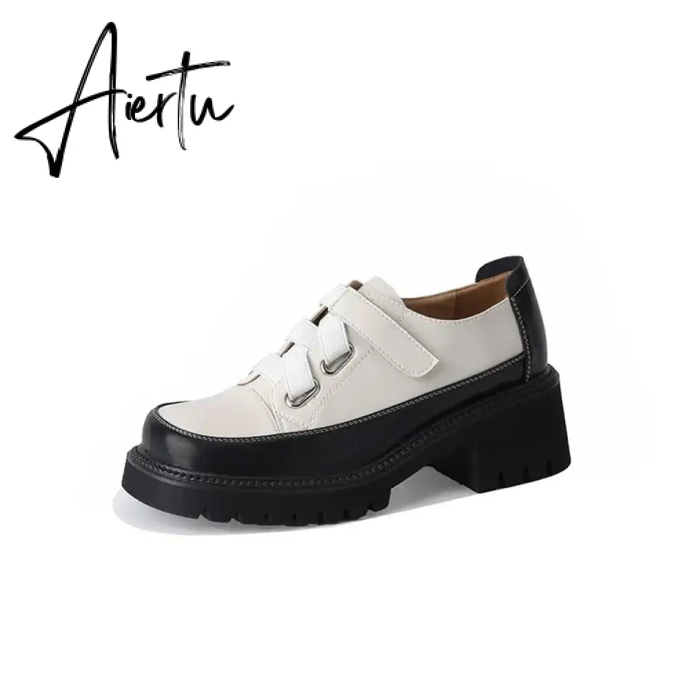 Aiertu Spring/Autumn Women Shoes Split Leather Shoes Round Toe Lace Up Platform Shoes Color Mixed Thick Heel Loafers for Women Sneakers Aiertu