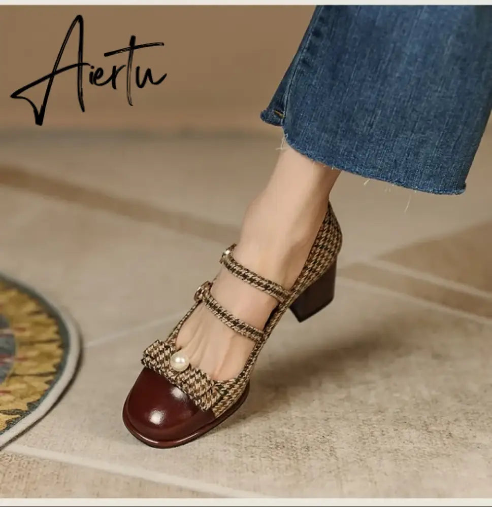 Aiertu Spring/Autumn Women's Shoes Round Toe Chunky Heel Pumps Cotton Fabric Lattice High Heels Genuine Leather Retro Mary Janes Aiertu