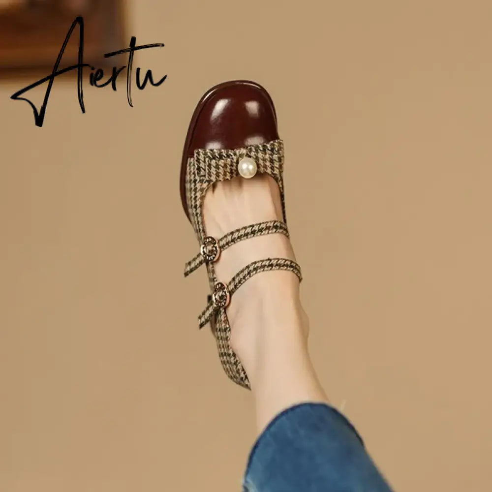 Aiertu Spring/Autumn Women's Shoes Round Toe Chunky Heel Pumps Cotton Fabric Lattice High Heels Genuine Leather Retro Mary Janes Aiertu