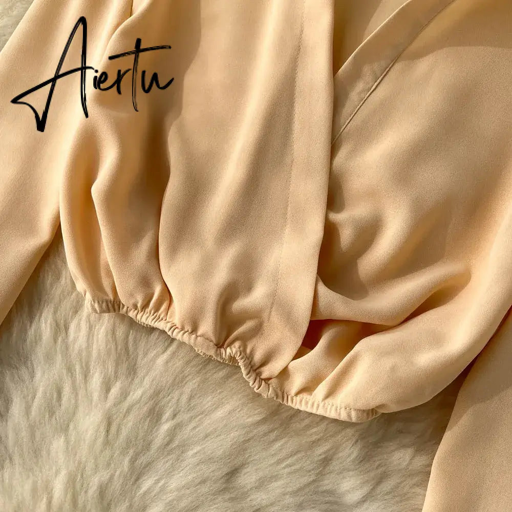 Aiertu  Spring Fashion OL Two Pieces Suits Lapel Neck Blouse+Pocket Wide Leg Long Pant Women Streetwear Retro Casual Sets Aiertu
