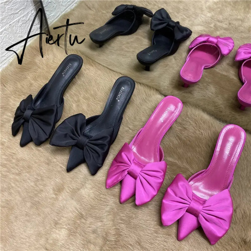 Aiertu Spring Pointed Toe Stiletto Heel Kitten Heels Bow Heel-Free Slippers for Women Aiertu
