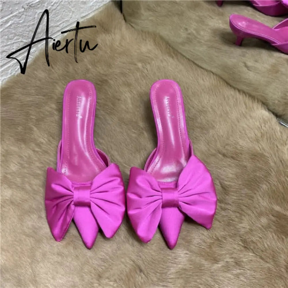 Aiertu Spring Pointed Toe Stiletto Heel Kitten Heels Bow Heel-Free Slippers for Women Aiertu