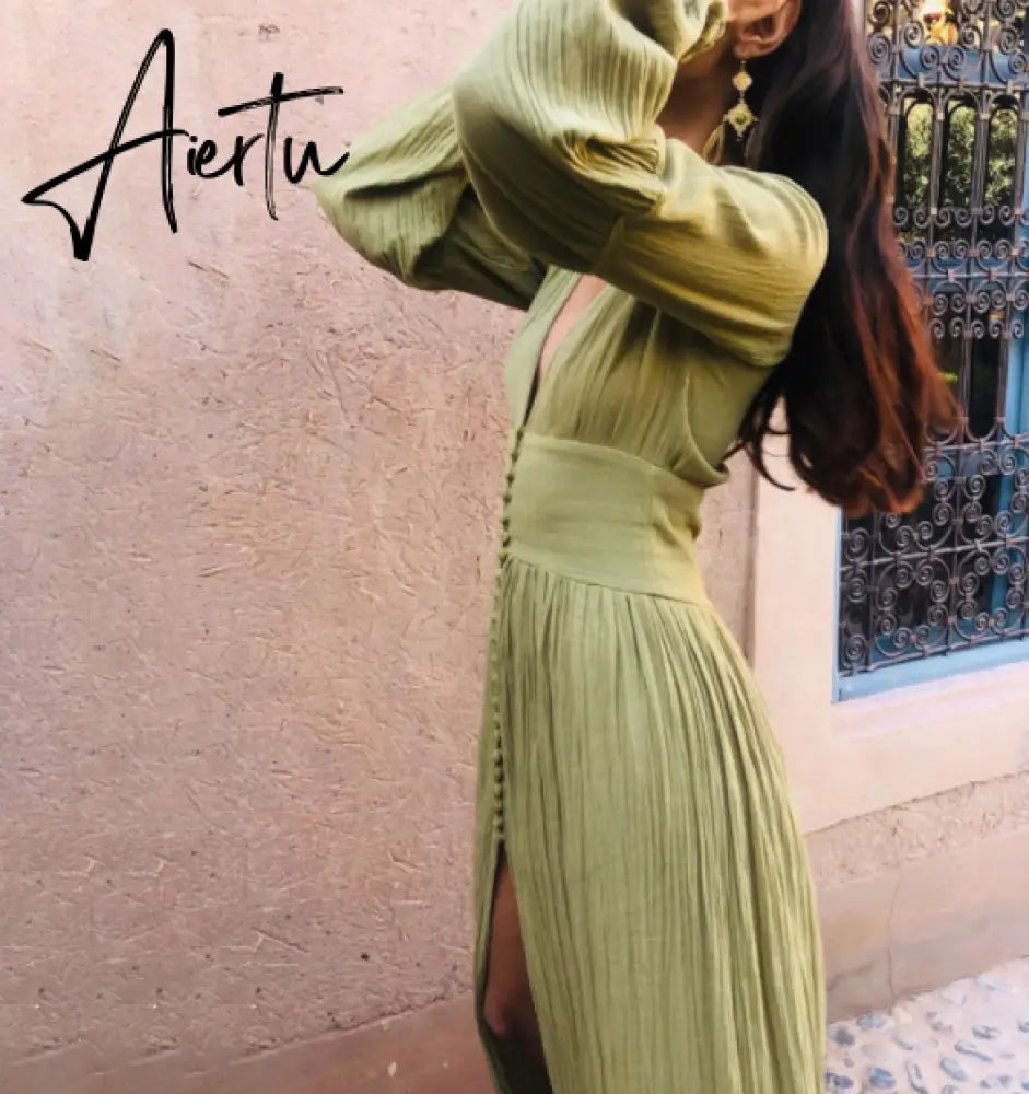Aiertu  Spring Women Boho Dress French Style Romance V Neck Single-breasted Long Sleeve Maxi Dress Bohemian Holiday Clothes Aiertu