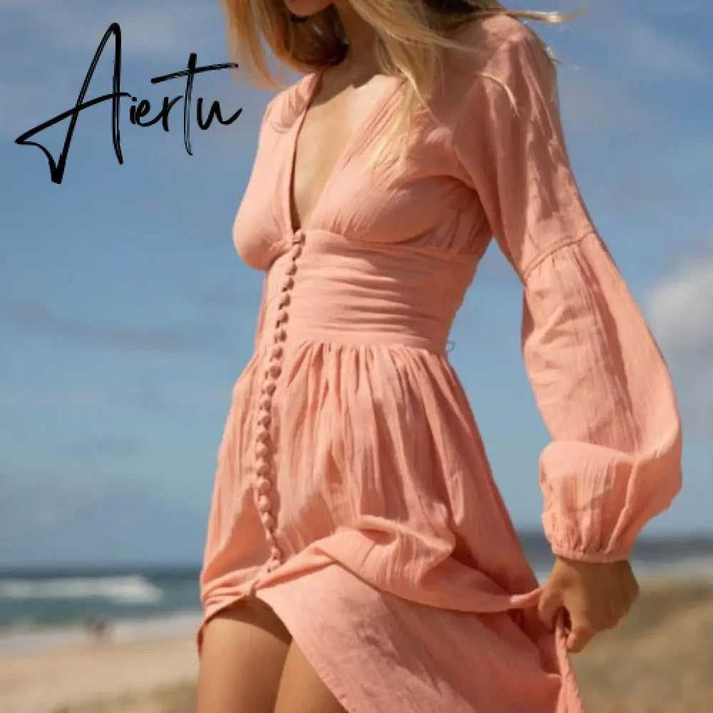 Aiertu  Spring Women Boho Dress French Style Romance V Neck Single-breasted Long Sleeve Maxi Dress Bohemian Holiday Clothes Aiertu