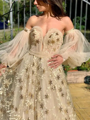 Aiertu  Star Lace Appliques Prom Dresses A-line Tulle Elegant Puffy Sleeves Floor-Length Aiertu