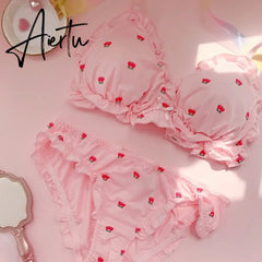 Aiertu  Strawberry / Print Japanese Milk Silk Bra & Panties Set Wirefree Soft Underwear Intimates Set Kawaii Lolita Bra and Panty Set Aiertu