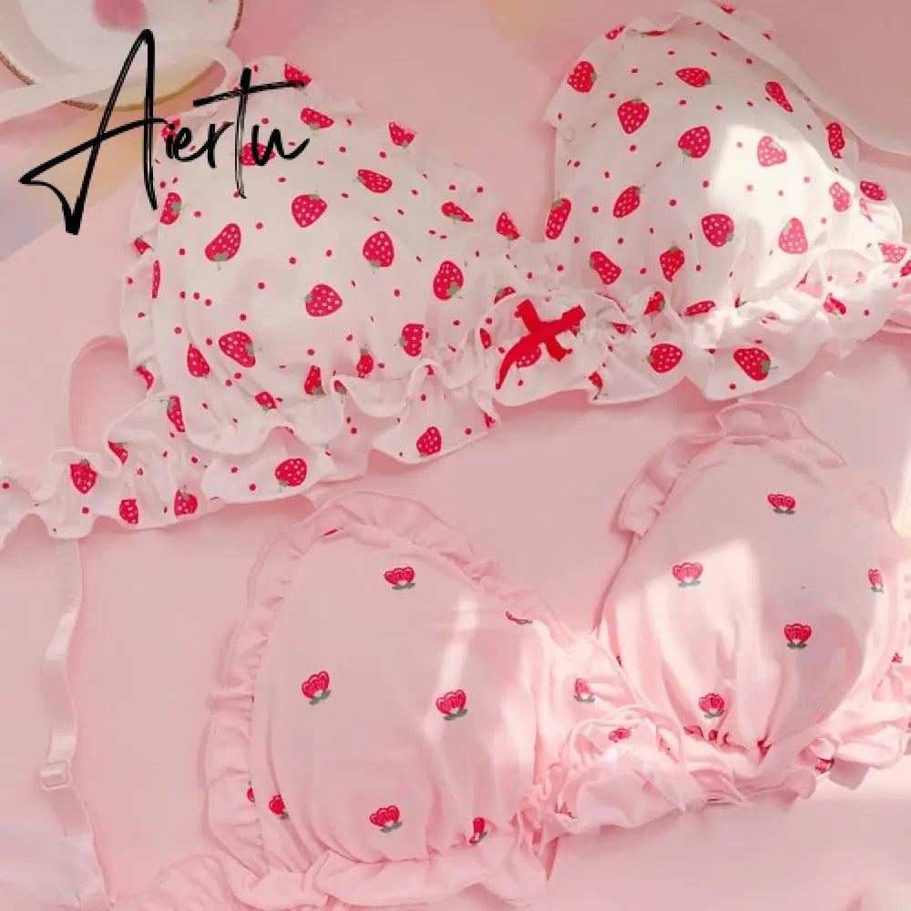 Aiertu  Strawberry / Print Japanese Milk Silk Bra & Panties Set Wirefree Soft Underwear Intimates Set Kawaii Lolita Bra and Panty Set Aiertu