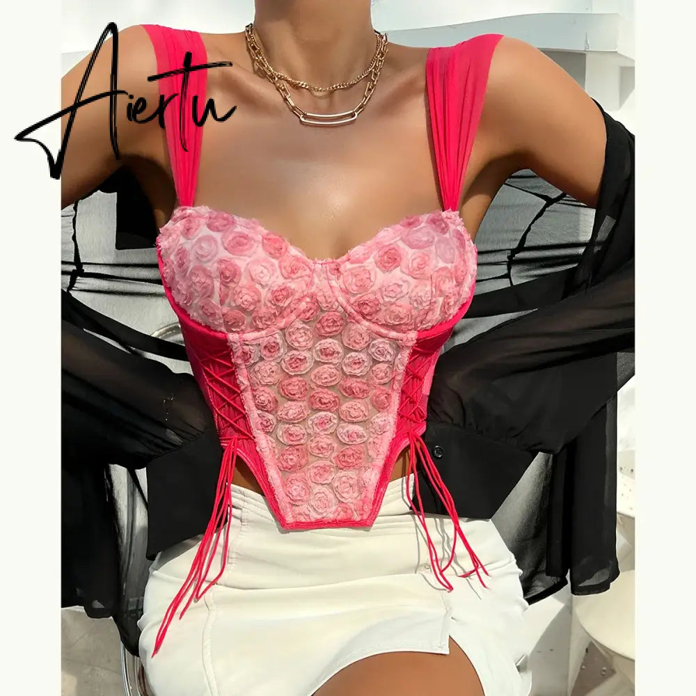 Aiertu Street Style Pink Halter V Neck Crop Top Lace 3D Rose Flowers Corset Fashion Woman Backless Sexy Slim Strappy Vest Aiertu