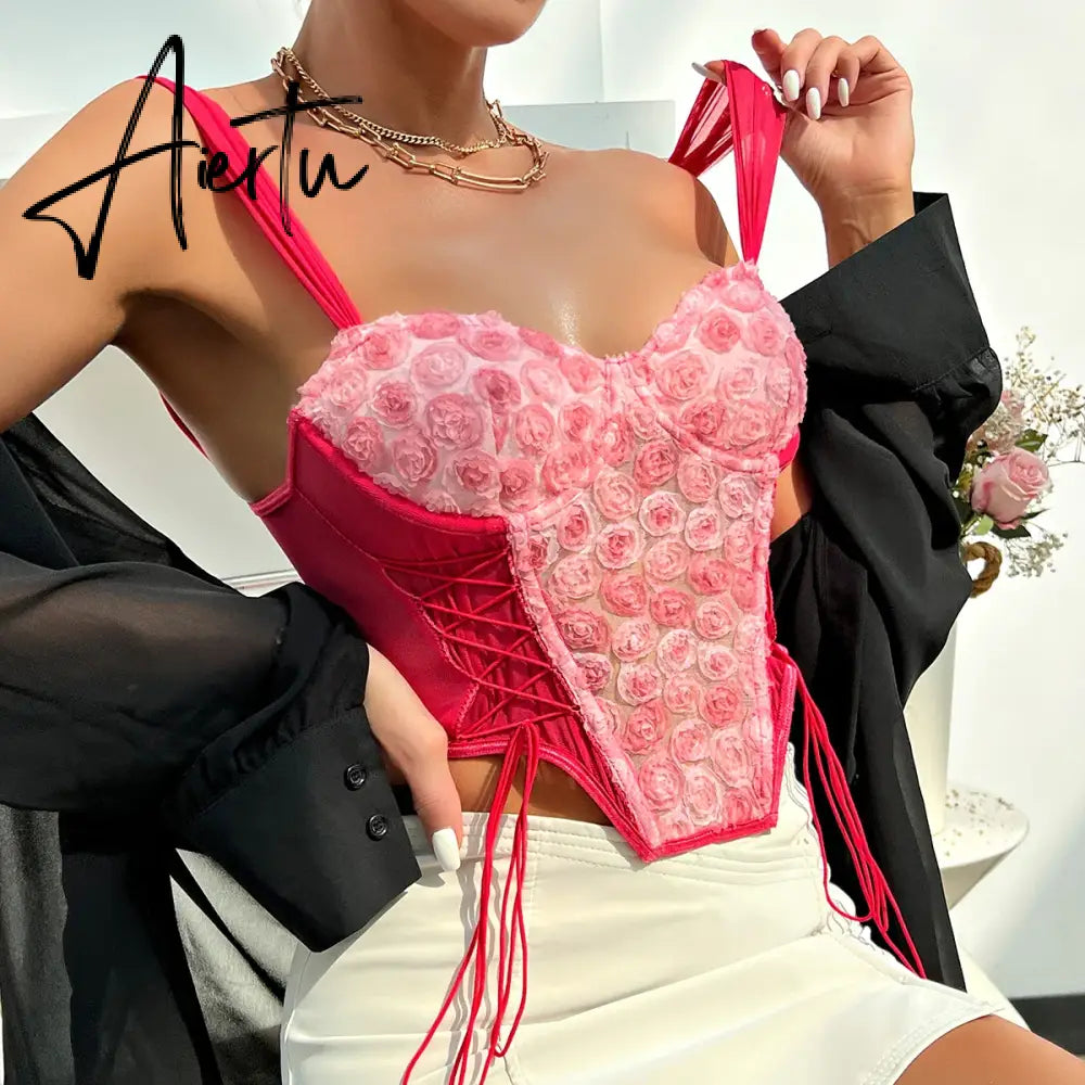 Aiertu Street Style Pink Halter V Neck Crop Top Lace 3D Rose Flowers Corset Fashion Woman Backless Sexy Slim Strappy Vest Aiertu