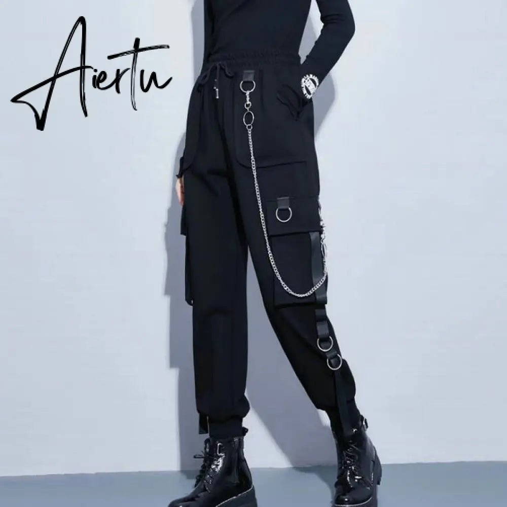 Aiertu Streetwear Cargo Pants Women Casual Joggers Black High Waist Loose Female Trousers Korean Style Ribbon Ladies Pants Aiertu