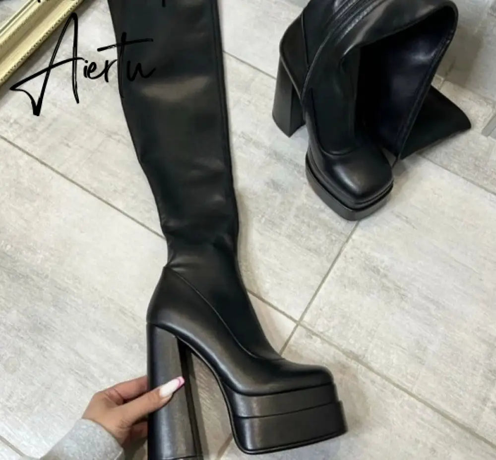 Aiertu Stretch Platform Over The Knee Boots Chunky High Heel Long Botas Mujer Women Shoes Square Toe Microfiber Dancing Boots New Aiertu
