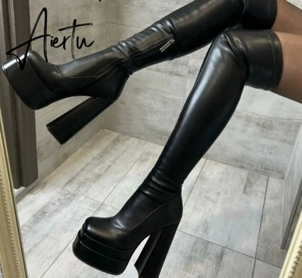 Aiertu Stretch Platform Over The Knee Boots Chunky High Heel Long Botas Mujer Women Shoes Square Toe Microfiber Dancing Boots New Aiertu
