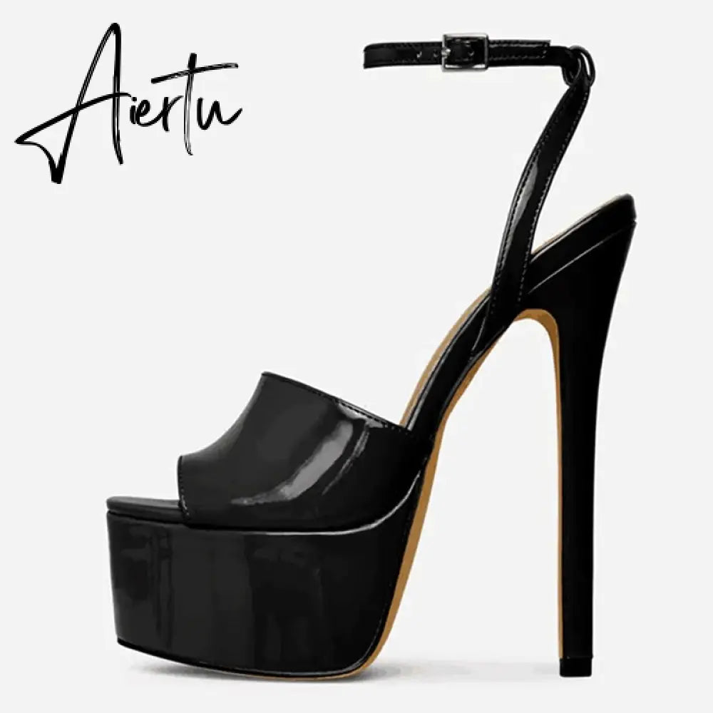 Aiertu Summer 16 CM Super High Heels Sandals Women Platform Pumps Fashion Open Toe Buckle Strap Ladies Party Stripper Shoes Black Aiertu
