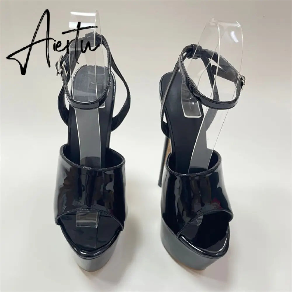 Aiertu Summer 16 CM Super High Heels Sandals Women Platform Pumps Fashion Open Toe Buckle Strap Ladies Party Stripper Shoes Black Aiertu