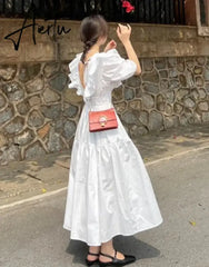 Aiertu Summer Casual Backless Beach White Dresses Woman Chic Ruffles A-line Vestidos Korean One-piece Short Sleeve Clothing Aiertu