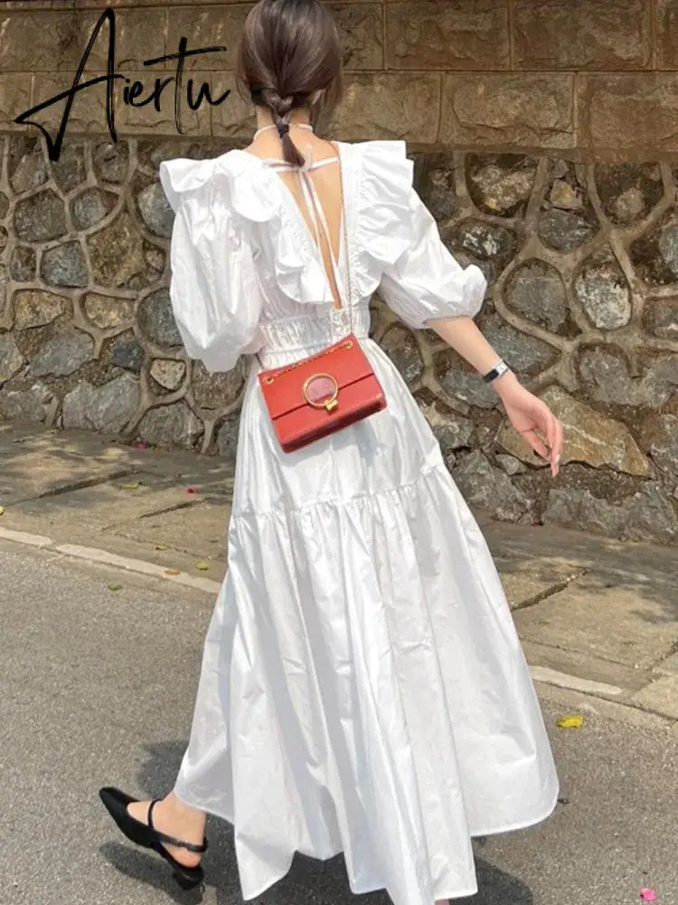 Aiertu Summer Casual Backless Beach White Dresses Woman Chic Ruffles A-line Vestidos Korean One-piece Short Sleeve Clothing Aiertu